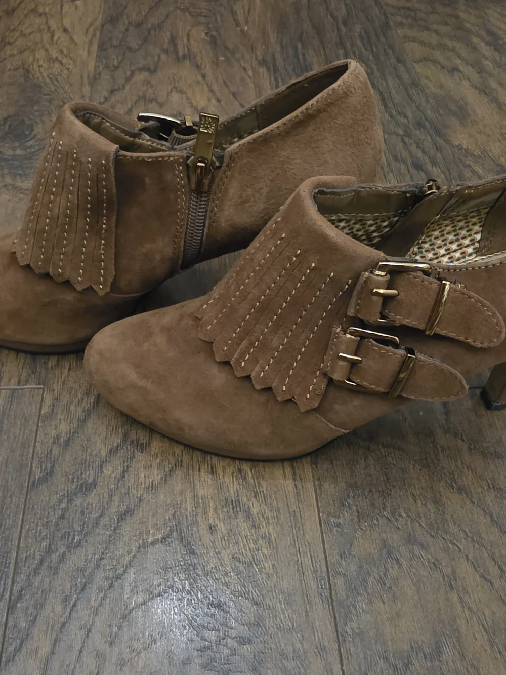 Anne Klein Brown Suede Fringe Buckle Ankle Booties